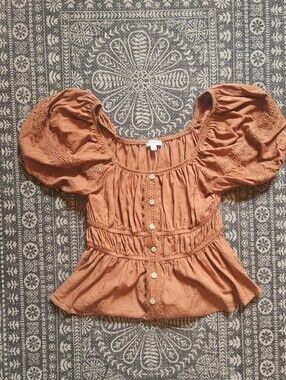 Rust Orange Puff-Sleeve Peplum Blouse Earthbound